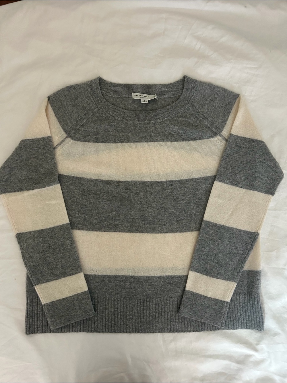 White + Warren Gray and Cream Striped Crewneck Sweater
